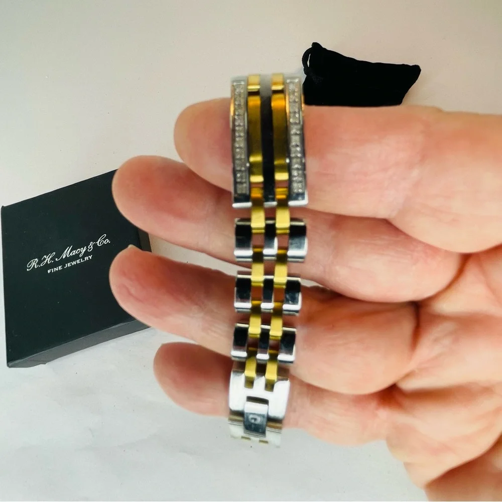 R.H. Macy Mens Two Toned Stainless Steel Metal Link Diamond Bracelet 9” Long - Picture 9 of 16